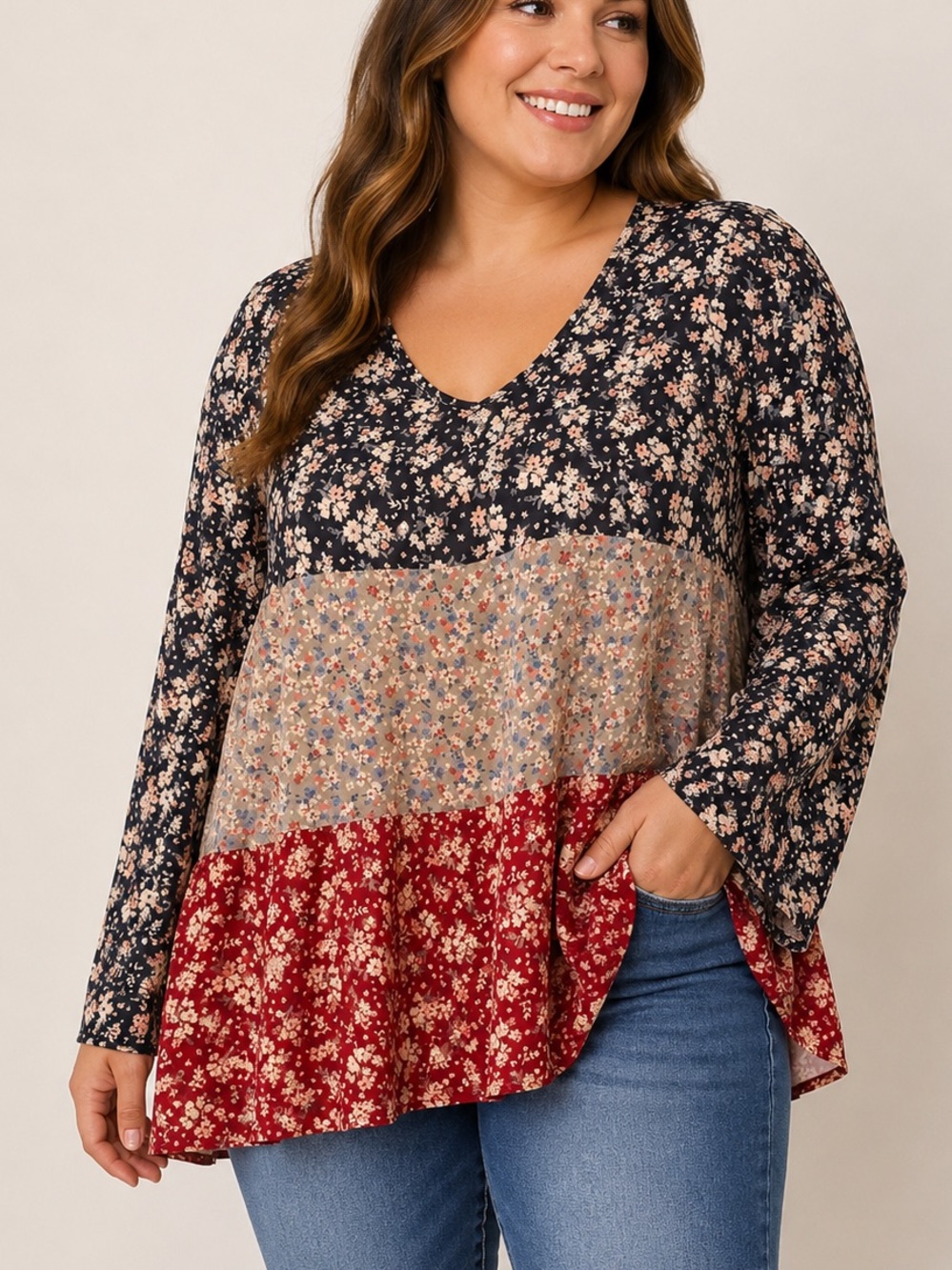 Amazon Patchwork Floral V-Neck Long Sleeve Top - Black, Cream & Red